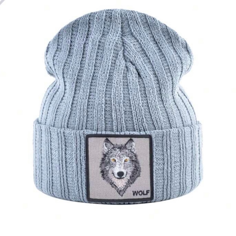 Gray Ribbed Beanie With Wolf Patch - image 1